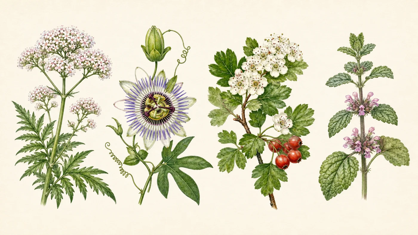 Ilustrație botanică cu valeriană, passiflora, păducel și Ballota nigra
